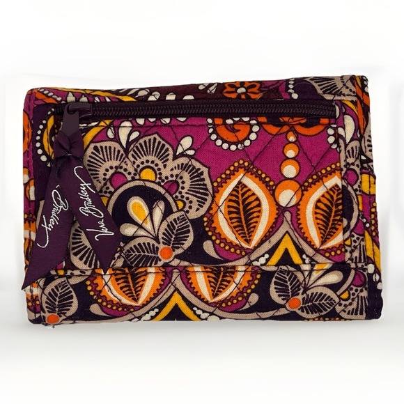 Vera Bradley Safari Sunset Quilted Cotton Trifold Wallet Purple Orange - Picture 2 of 9